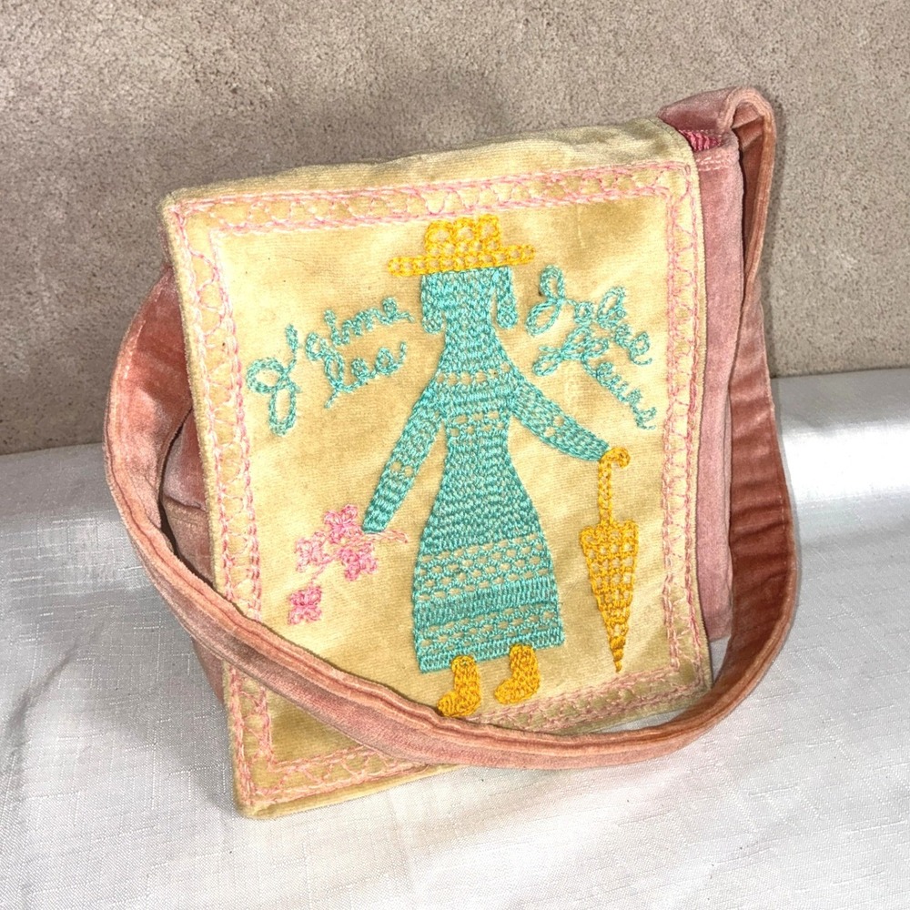 Vintage Carpetbags of America Pink Velvet Embroidered Crossbody Bag